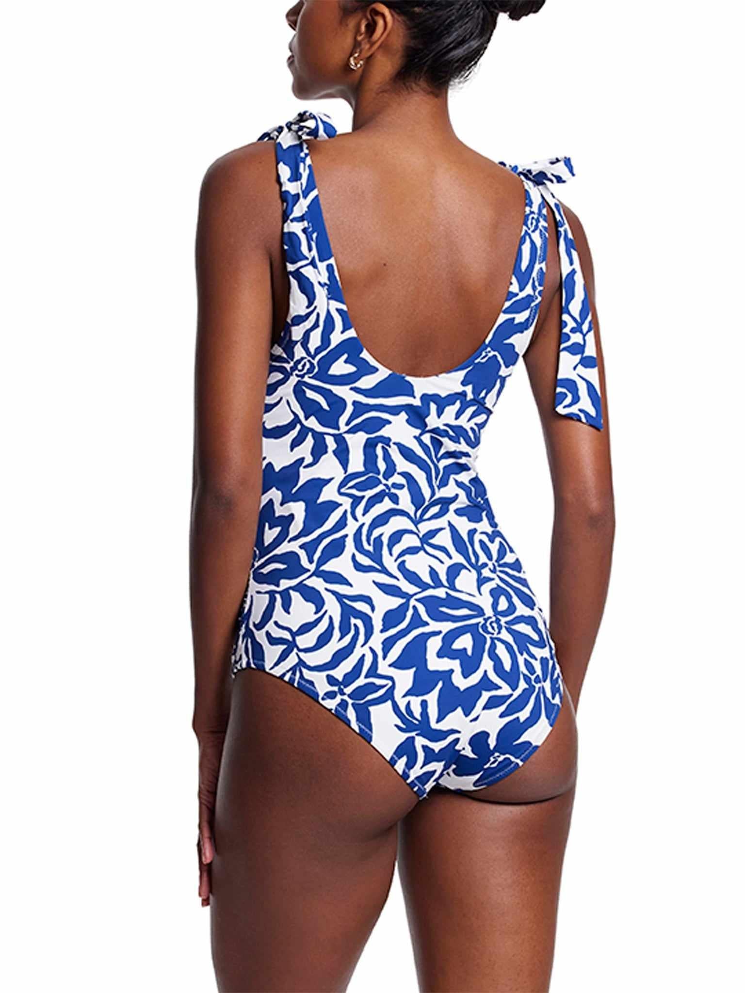 Ruched Bow One Piece Swimsuit Poolside blue floral, low-back scoop with shoulder tie detail - Back Angle | Hanky Panky