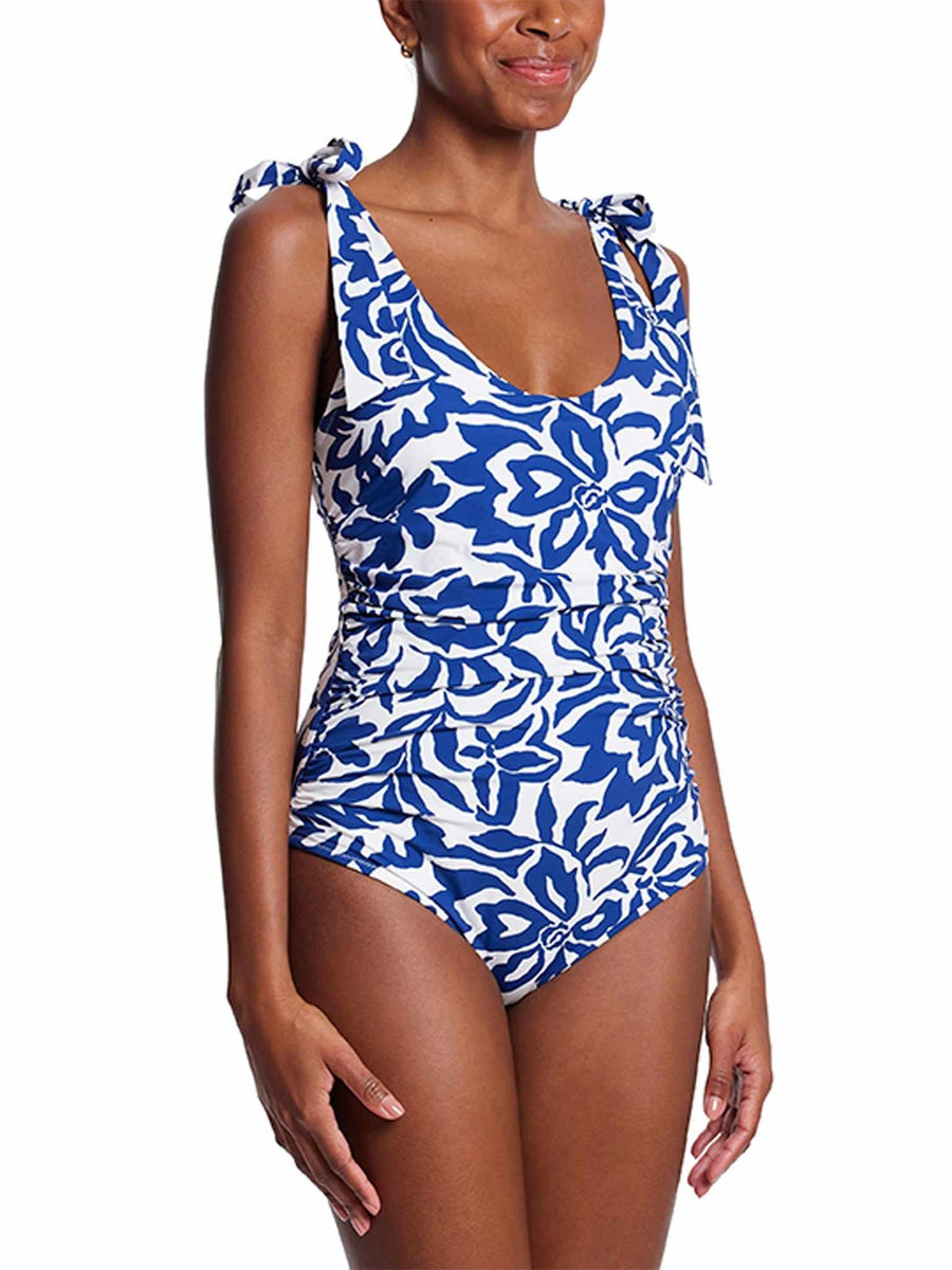 Ruched Bow One Piece Swimsuit Poolside blue floral print, ruched waist and tie-bow straps - Side View | Hanky Panky