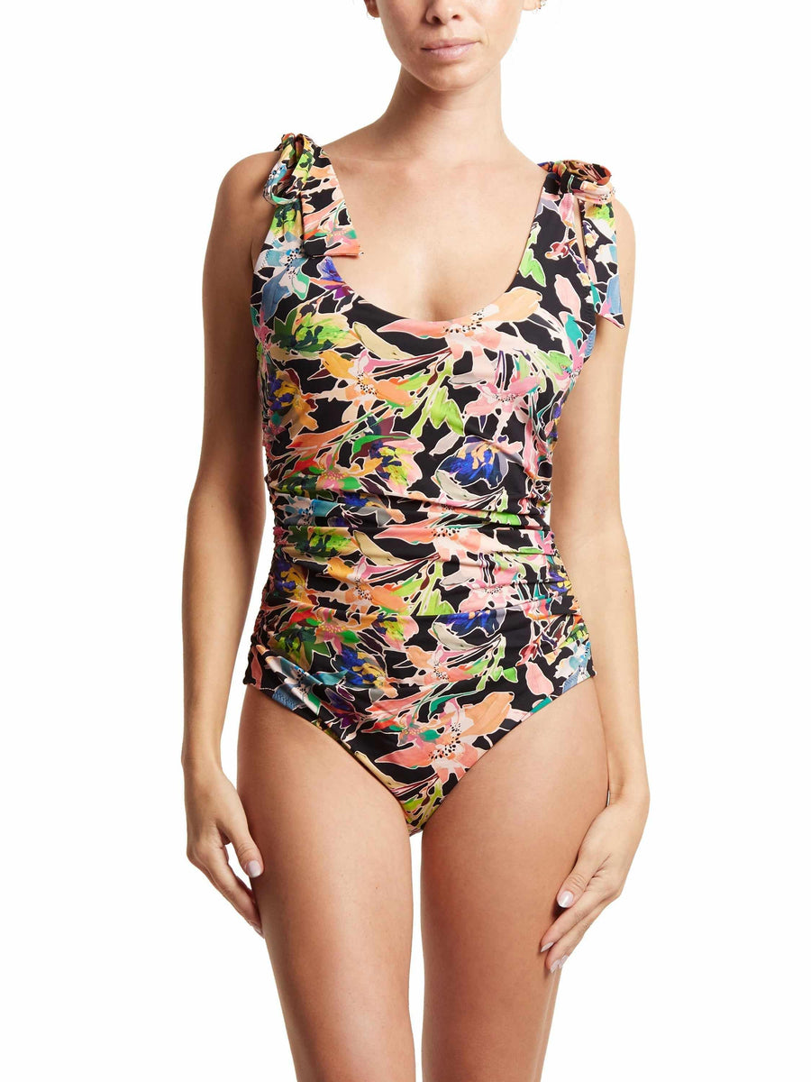 Floral Ruched Bow One Piece Swimsuit, Ruched Body & Tie Shoulder Detail On Model | Hanky Panky