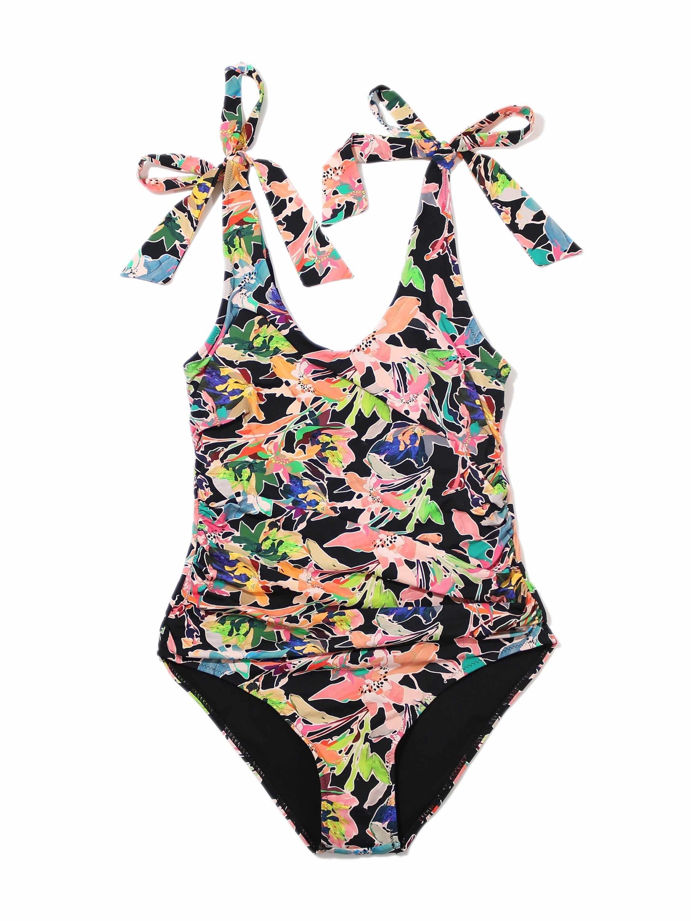 Floral Print Bow One Piece Swimsuit Flat Lay, Tie Shoulder Bow & Ruched Front Detail | Hanky Panky