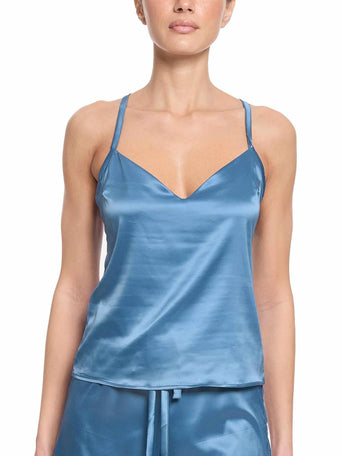 Bath Time Blue Stretch Satin Sleep Cami - Front On-Model, V-Neck | Hanky Panky