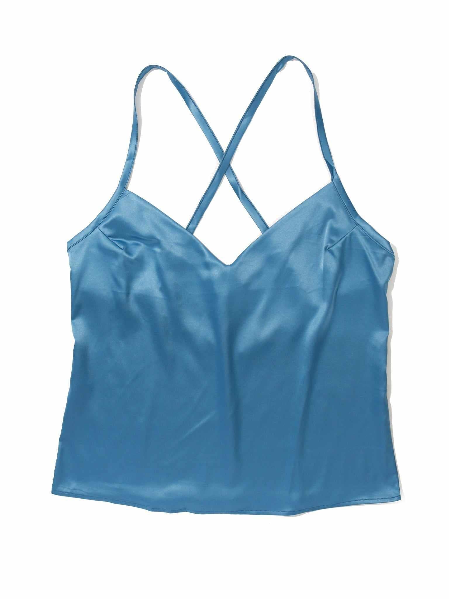 Bath Time Blue Stretch Satin Sleep Cami - Flat Lay, Crossback Strap Detail | Hanky Panky
