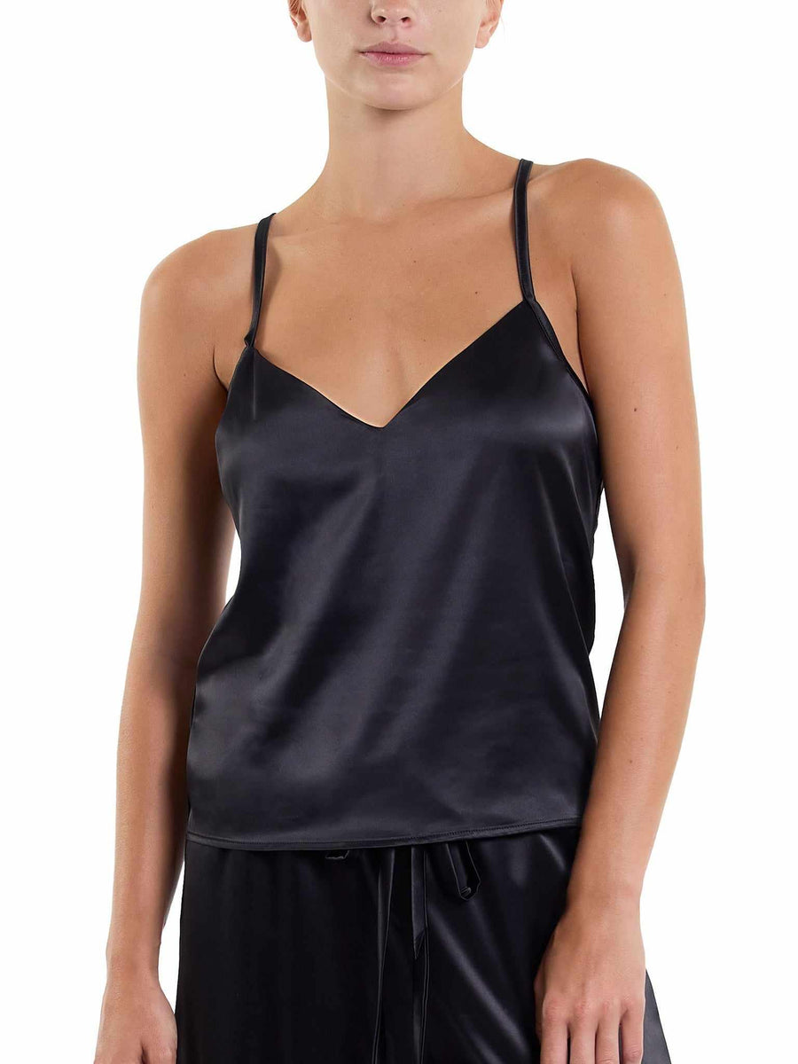 Black Stretch Satin Sleep Cami, V-Neck Front View, On Model | Hanky Panky
