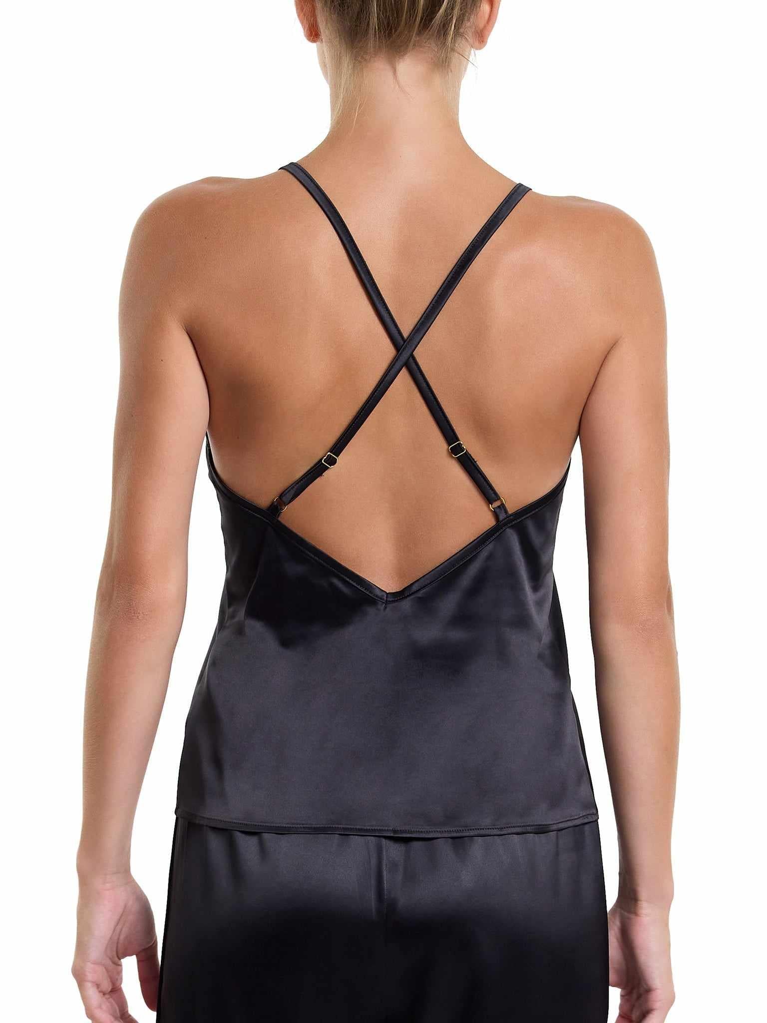 Black Satin Sleep Cami Cross-Back Strap Detail, Back View On Model | Hanky Panky