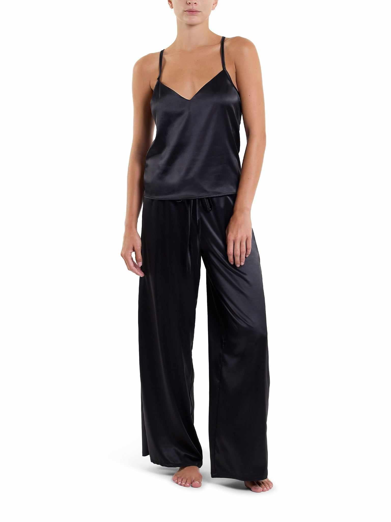 Black Satin Sleep Cami Full-Length On Model with Matching Satin Pants | Hanky Panky