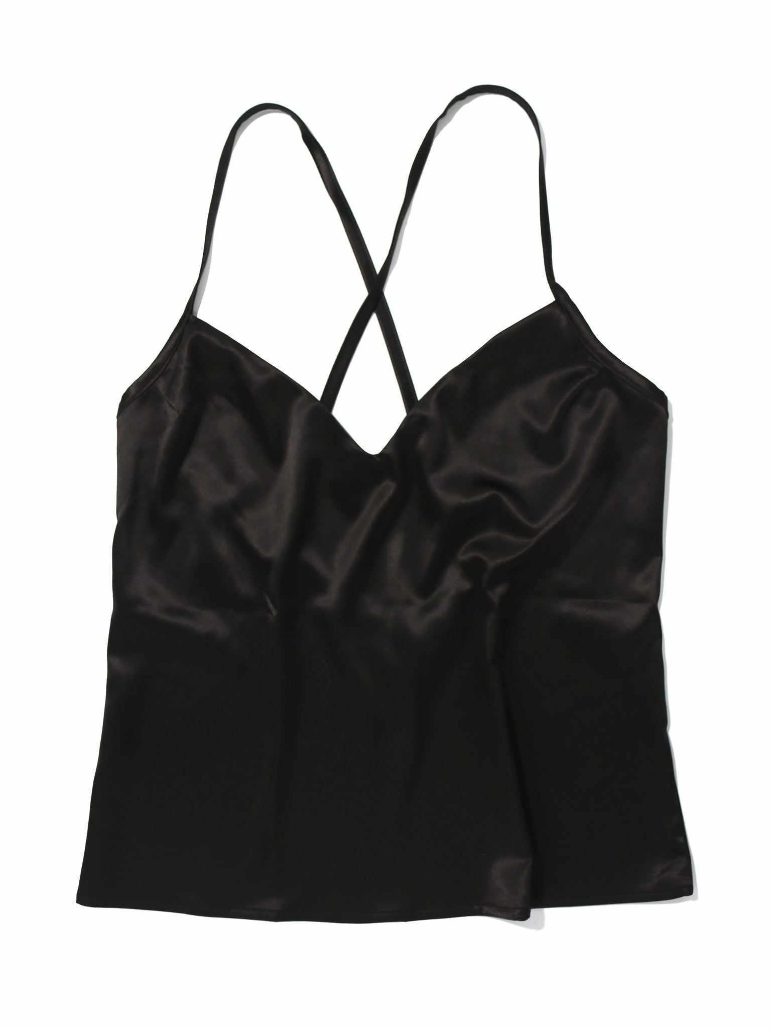 Black Stretch Satin Sleep Cami Crossback Straps, Flat Lay Front View | Hanky Panky