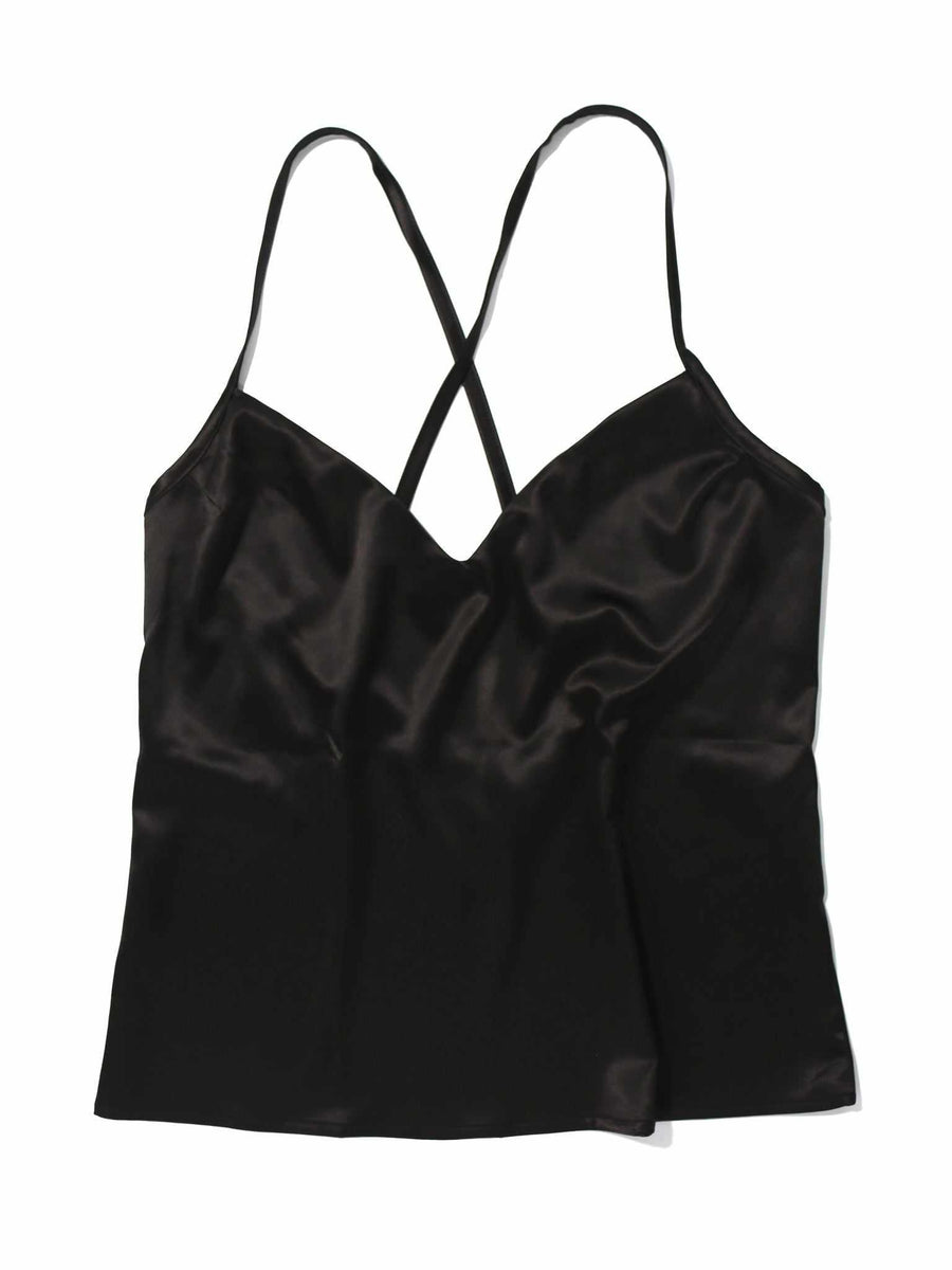 Black Stretch Satin Sleep Cami Crossback Straps, Flat Lay Front View | Hanky Panky