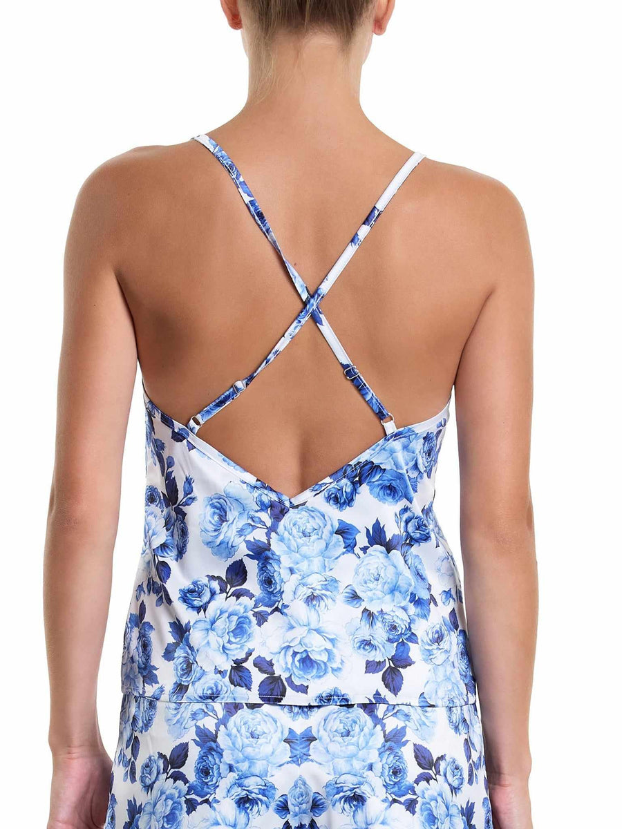 Deja Blue Floral Satin Sleep Cami - Back Cross-Strap Detail On Model | Hanky Panky