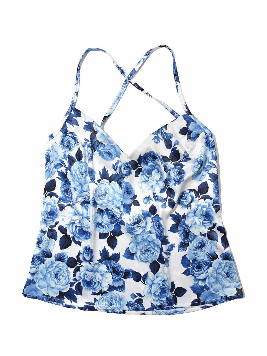 Deja Blue Floral Satin Sleep Cami - Flat Lay Back Crossback Straps | Hanky Panky