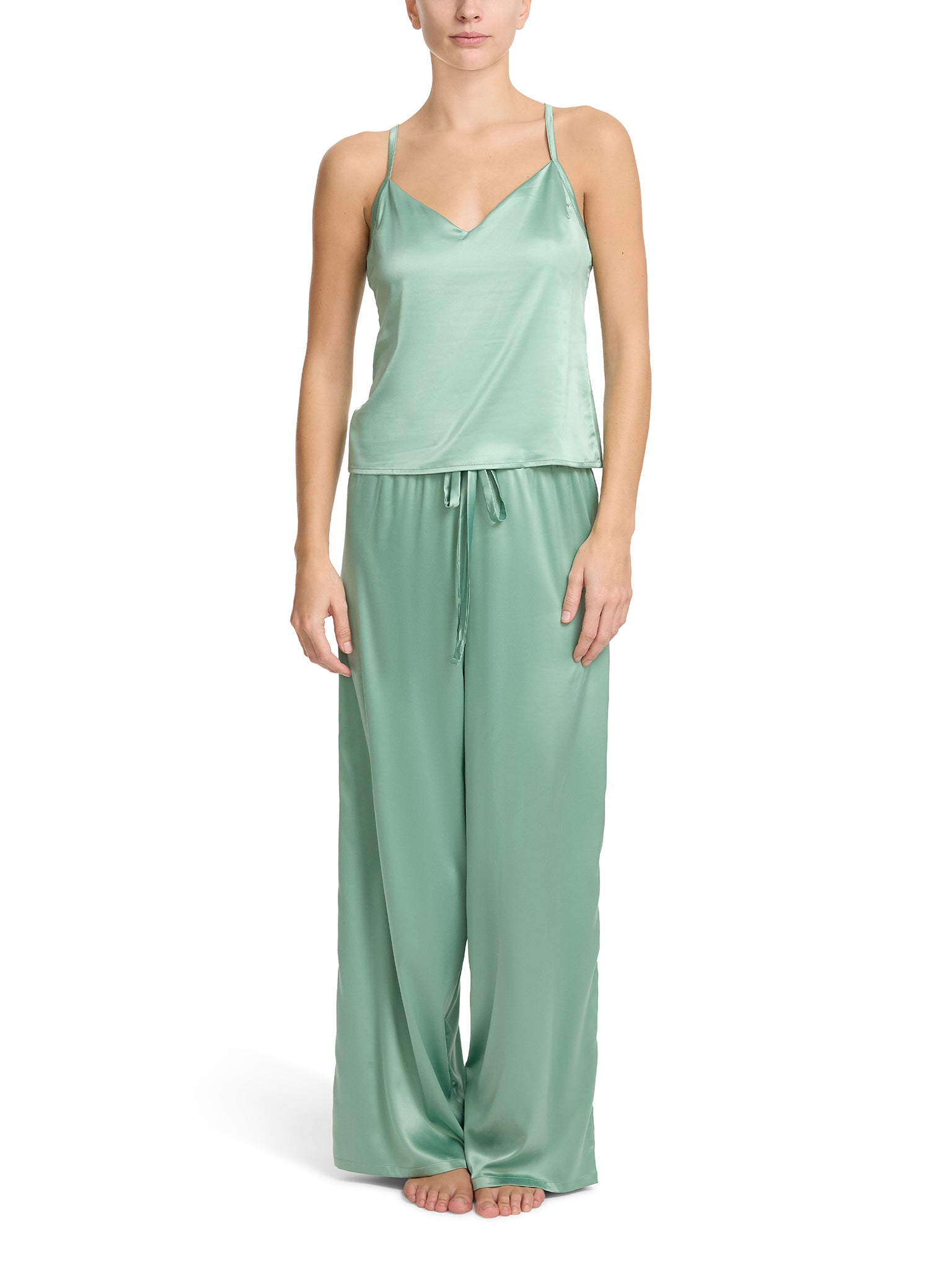 Green Tea Satin Sleep Cami Full-Length On Model with Matching Satin Pants | Hanky Panky