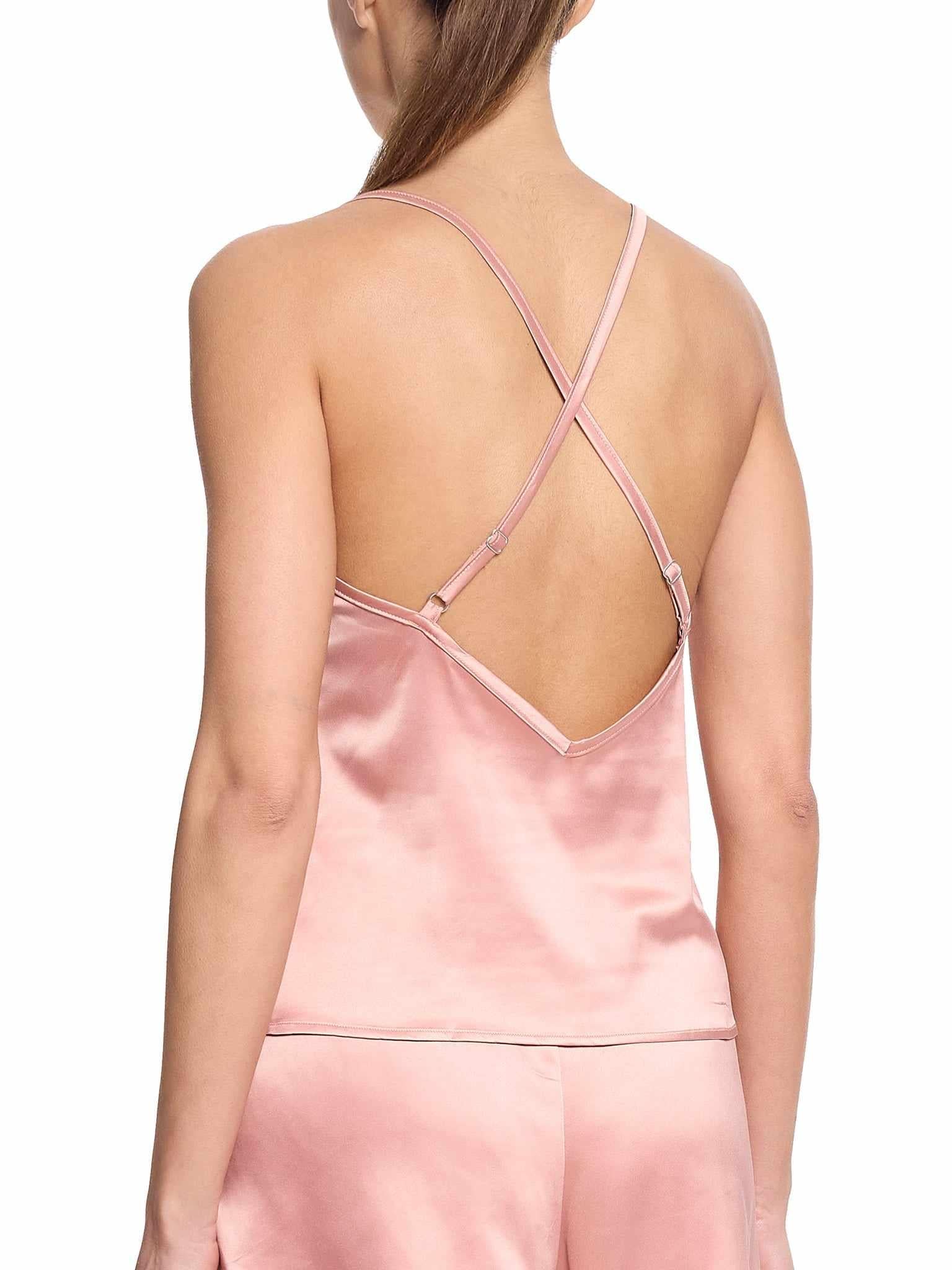 Rose Latte Pink Satin Sleep Cami, Criss-Cross Back Strap Detail - On Model | Hanky Panky