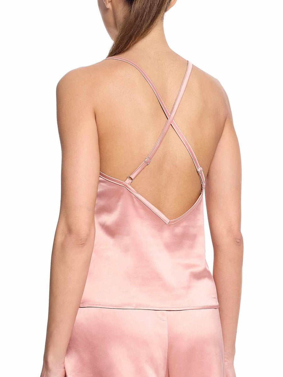 Rose Latte Pink Satin Sleep Cami, Criss-Cross Back Strap Detail - On Model | Hanky Panky