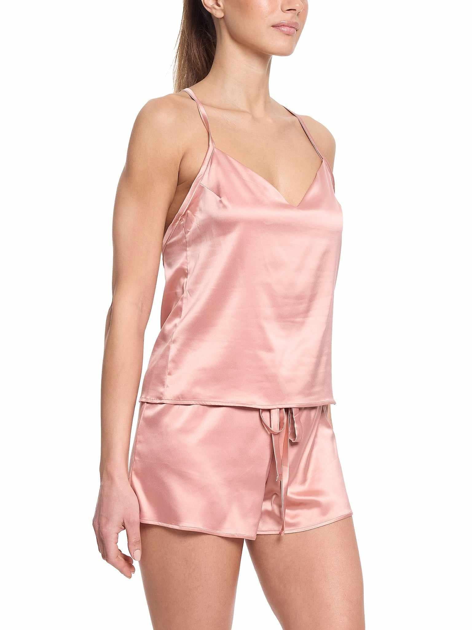 Rose Latte Pink Satin Sleep Cami & Shorts Set, V-Neck Side View - On Model | Hanky Panky