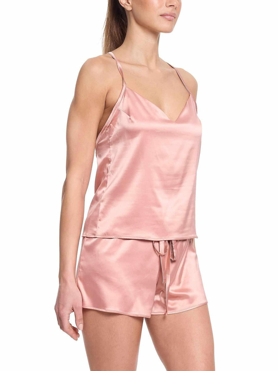 Rose Latte Pink Satin Sleep Cami & Shorts Set, V-Neck Side View - On Model | Hanky Panky