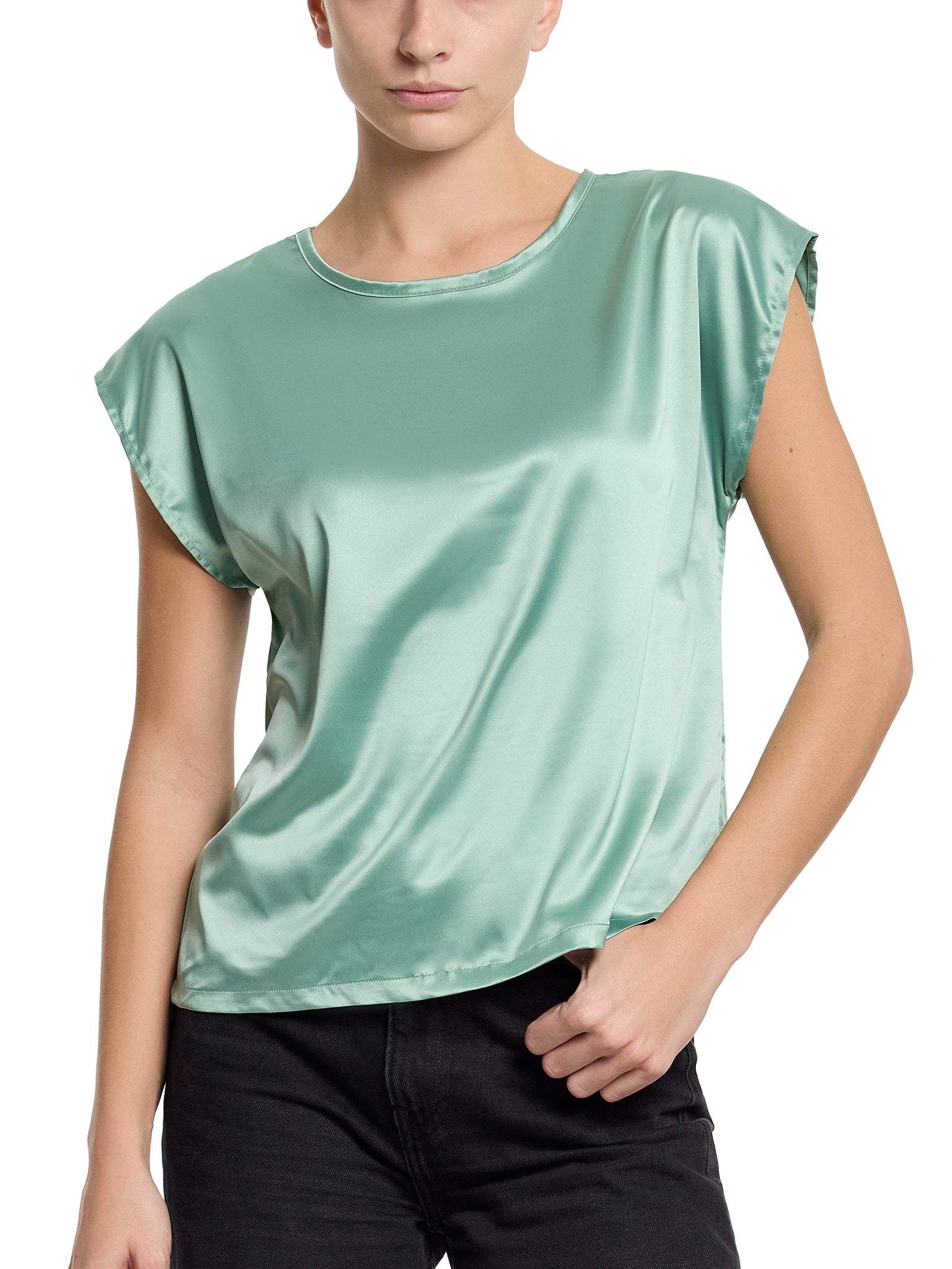 Green Tea Satin Sleep Cap Sleeve Tee styled with black jeans - Versatile Day-to-Night Look | Hanky Panky