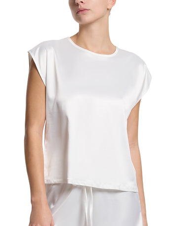 Light Ivory Satin Sleep Cap Sleeve Tee - Front View On Model | Hanky Panky
