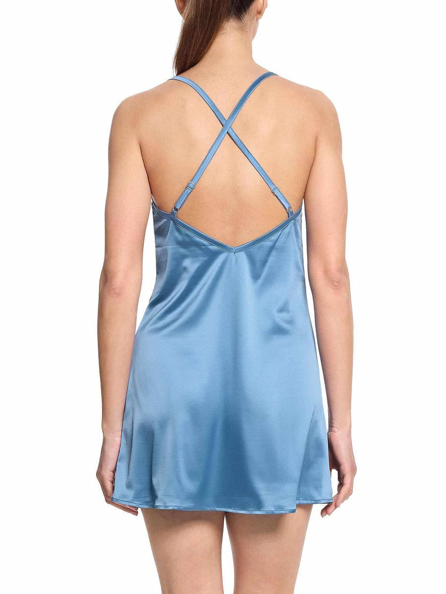 Bath Time Blue Satin Sleep Chemise, Back View - Crossback Adjustable Straps | Hanky Panky