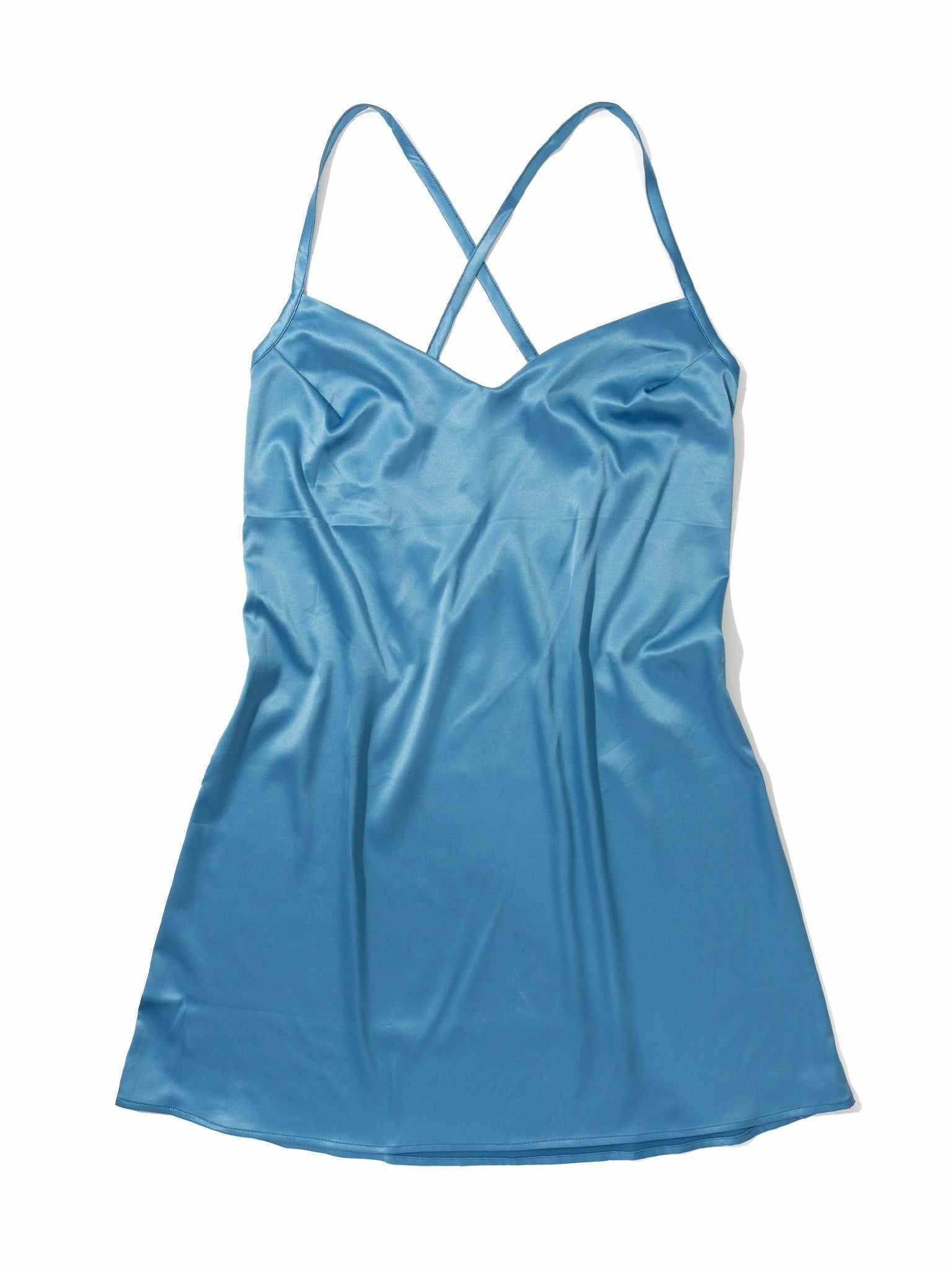 Bath Time Blue Stretch Satin Sleep Chemise - Flat Lay, Cross-Back Straps Detail | Hanky Panky