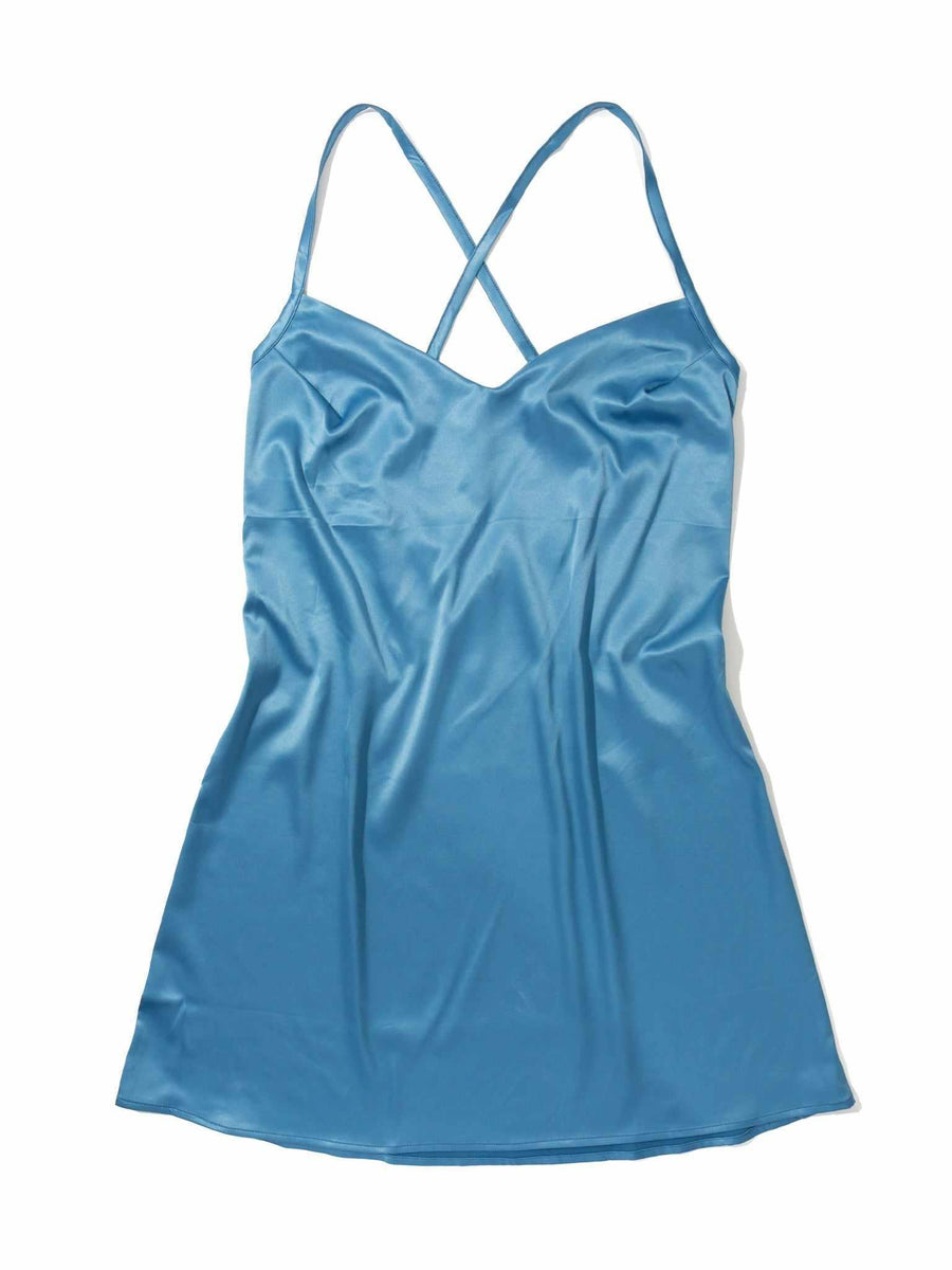 Bath Time Blue Stretch Satin Sleep Chemise - Flat Lay, Cross-Back Straps Detail | Hanky Panky
