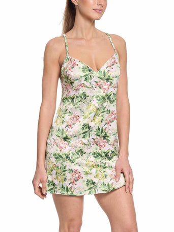 French Garden Floral Satin Sleep Chemise - Front View, V-Neck & Spaghetti Straps | Hanky Panky