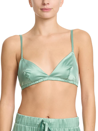Green Tea Satin Sleep Bralette - Front View Triangle Silhouette On Model | Hanky Panky