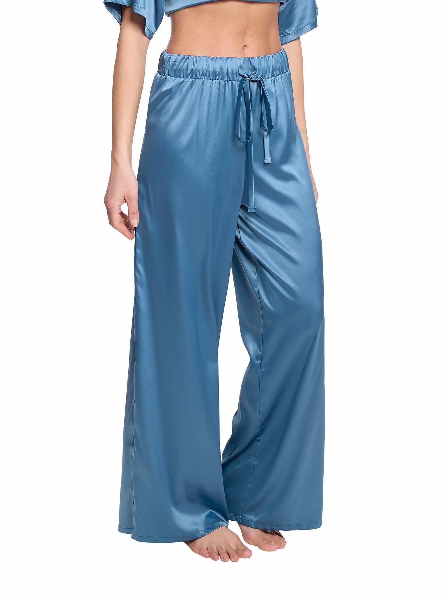 Bath Time Blue Stretch Satin Sleep Pant with Drawstring Waist - Side View | Hanky Panky