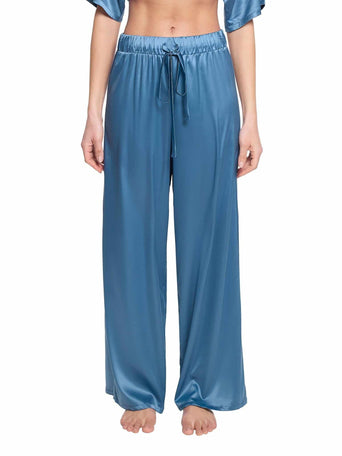Bath Time Blue Satin Drawstring Sleep Pant - Front View On Model | Hanky Panky