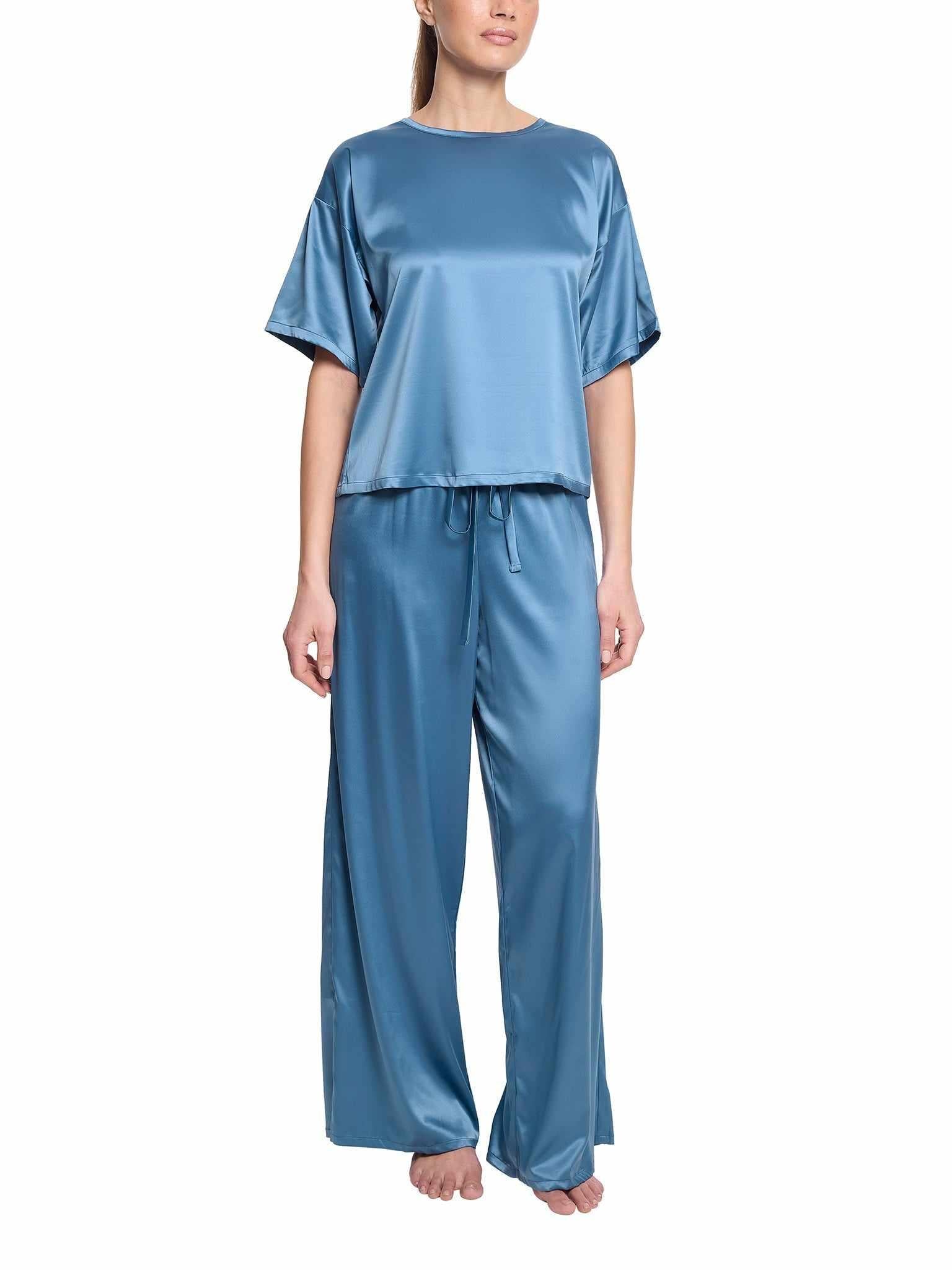Bath Time Blue Satin Sleep Pant Styled with Matching Set - Full Look On Model | Hanky Panky