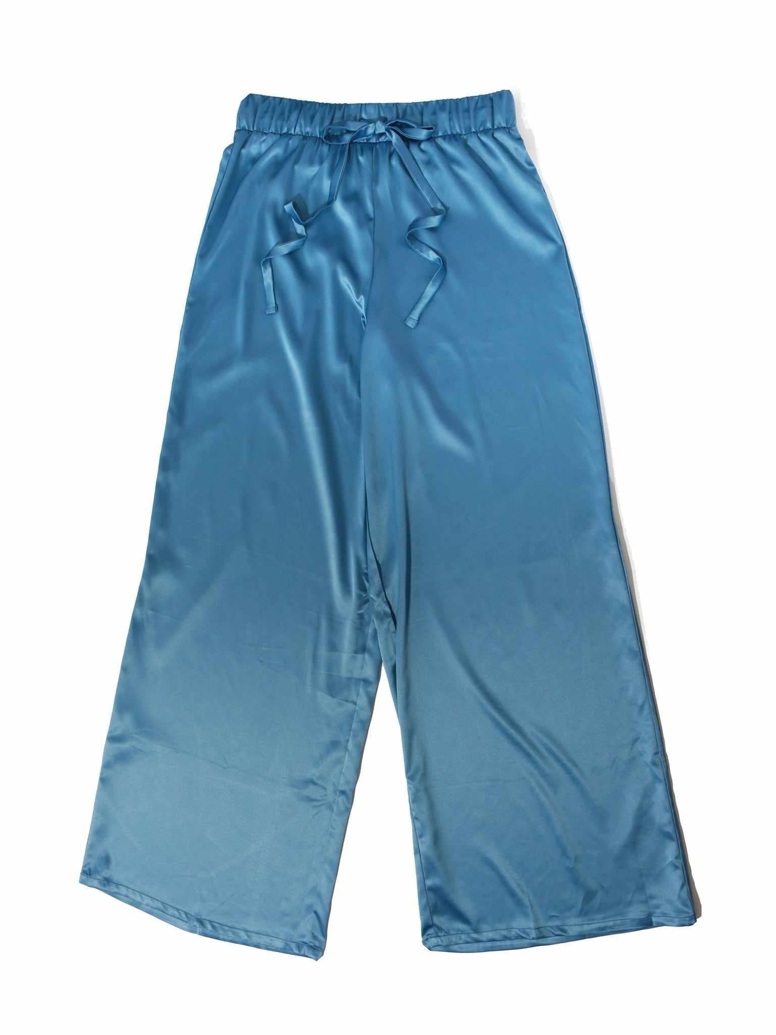 Bath Time Blue Stretch Satin Drawstring Sleep Pant - Flat Lay | Hanky Panky