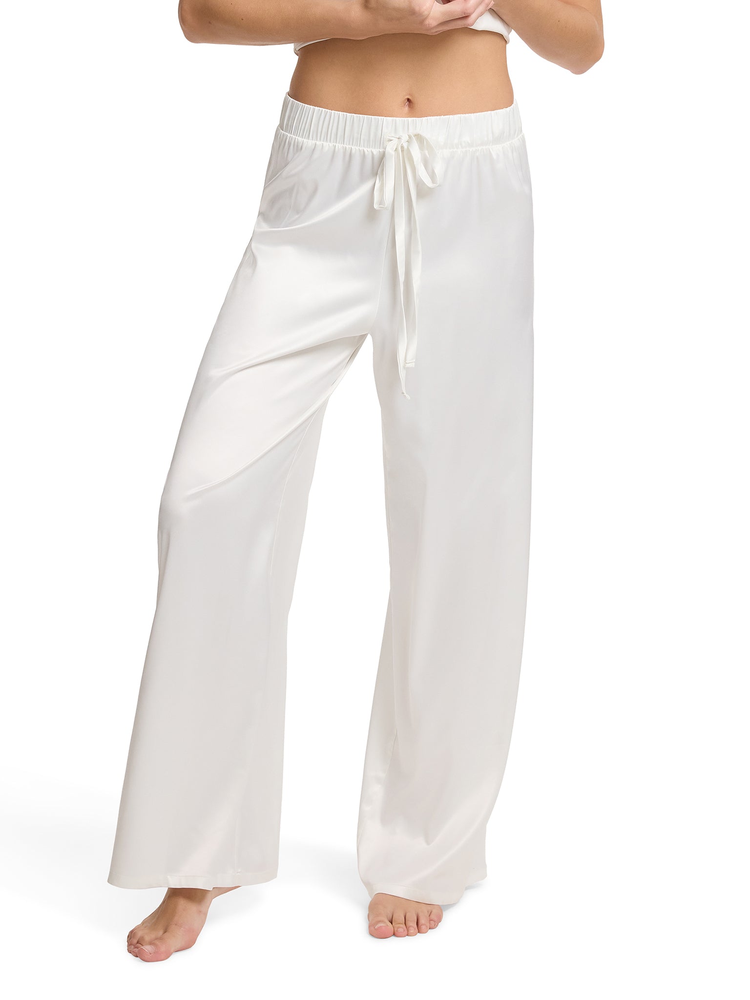 Light Ivory Satin Sleep Pant Front View - Drawstring Waist Wide Leg Silky Pajama Pants | Hanky Panky