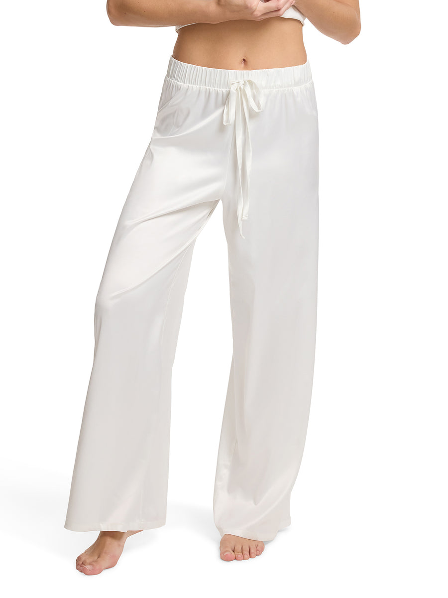 Light Ivory Satin Sleep Pant Front View - Drawstring Waist Wide Leg Silky Pajama Pants | Hanky Panky