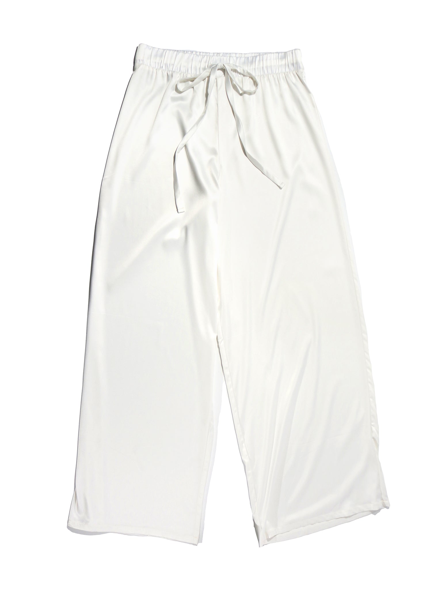 Light Ivory Satin Sleep Pant Flat Lay - Wide Leg Drawstring Waist Silky White Pajama Pants | Hanky Panky