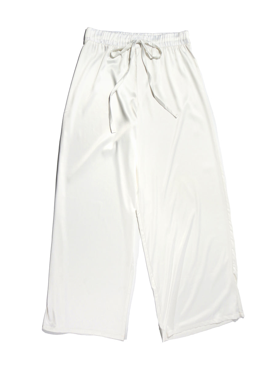 Light Ivory Satin Sleep Pant Flat Lay - Wide Leg Drawstring Waist Silky White Pajama Pants | Hanky Panky
