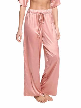 Rose Latte Pink Satin Sleep Pant Satin Drawstring Waist Close-Up On Model | Hanky Panky