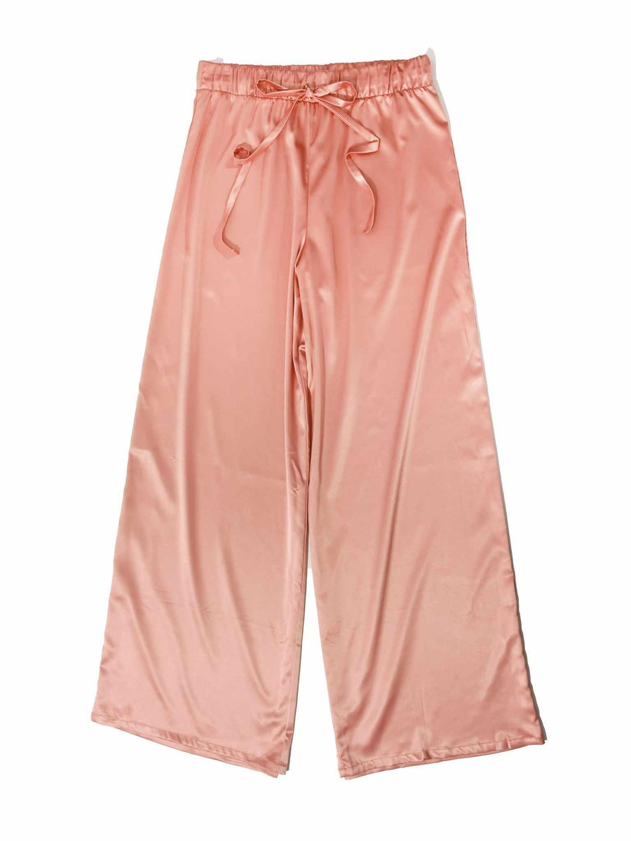 Rose Latte Pink Satin Drawstring Sleep Pant Flat Lay - Silky Pajama Pants with Bow Tie Waist | Hanky Panky