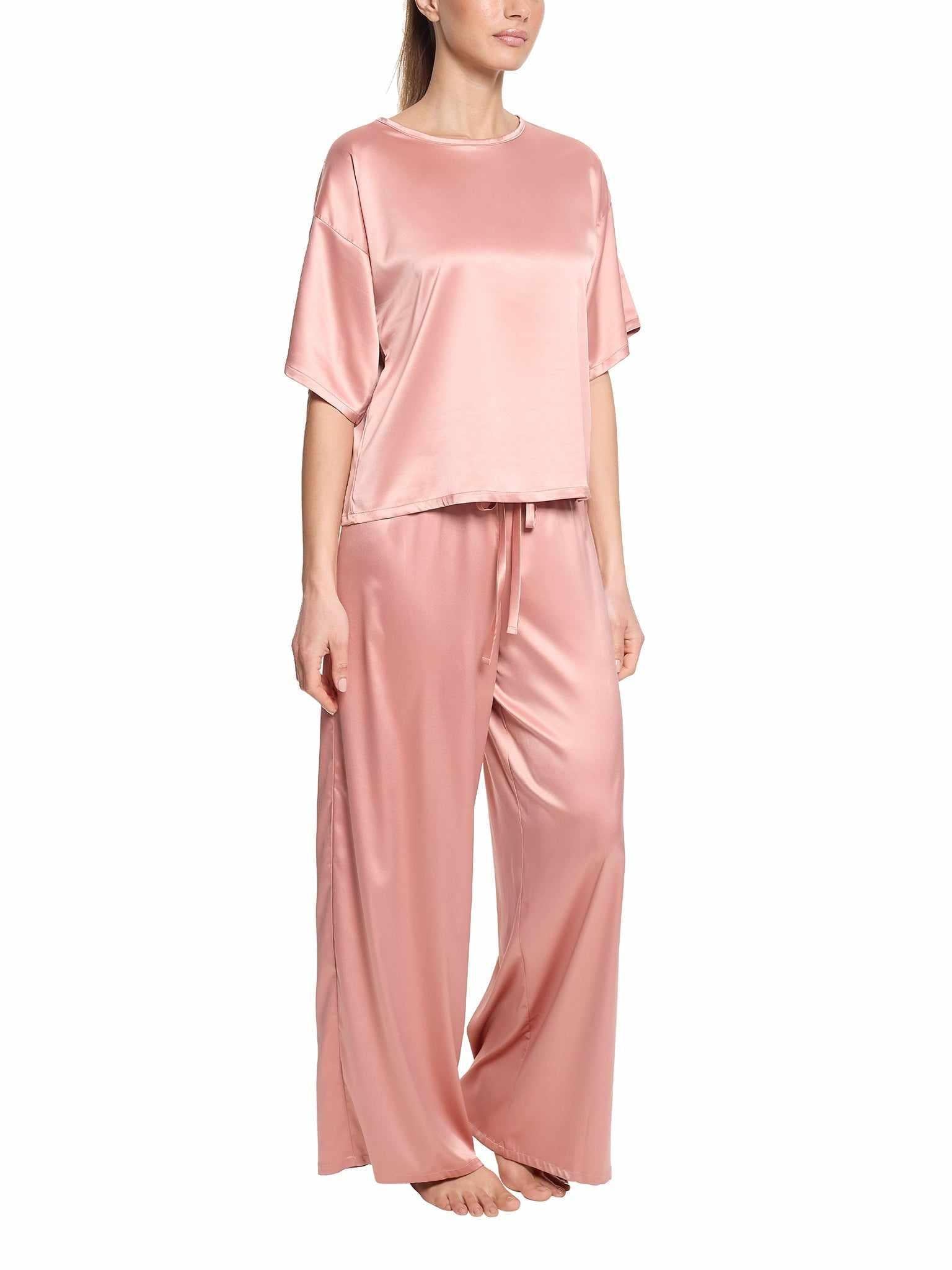 Rose Latte Pink Satin Sleep Pant On Model Full Length - Silky Pajama Set with Matching Top | Hanky Panky