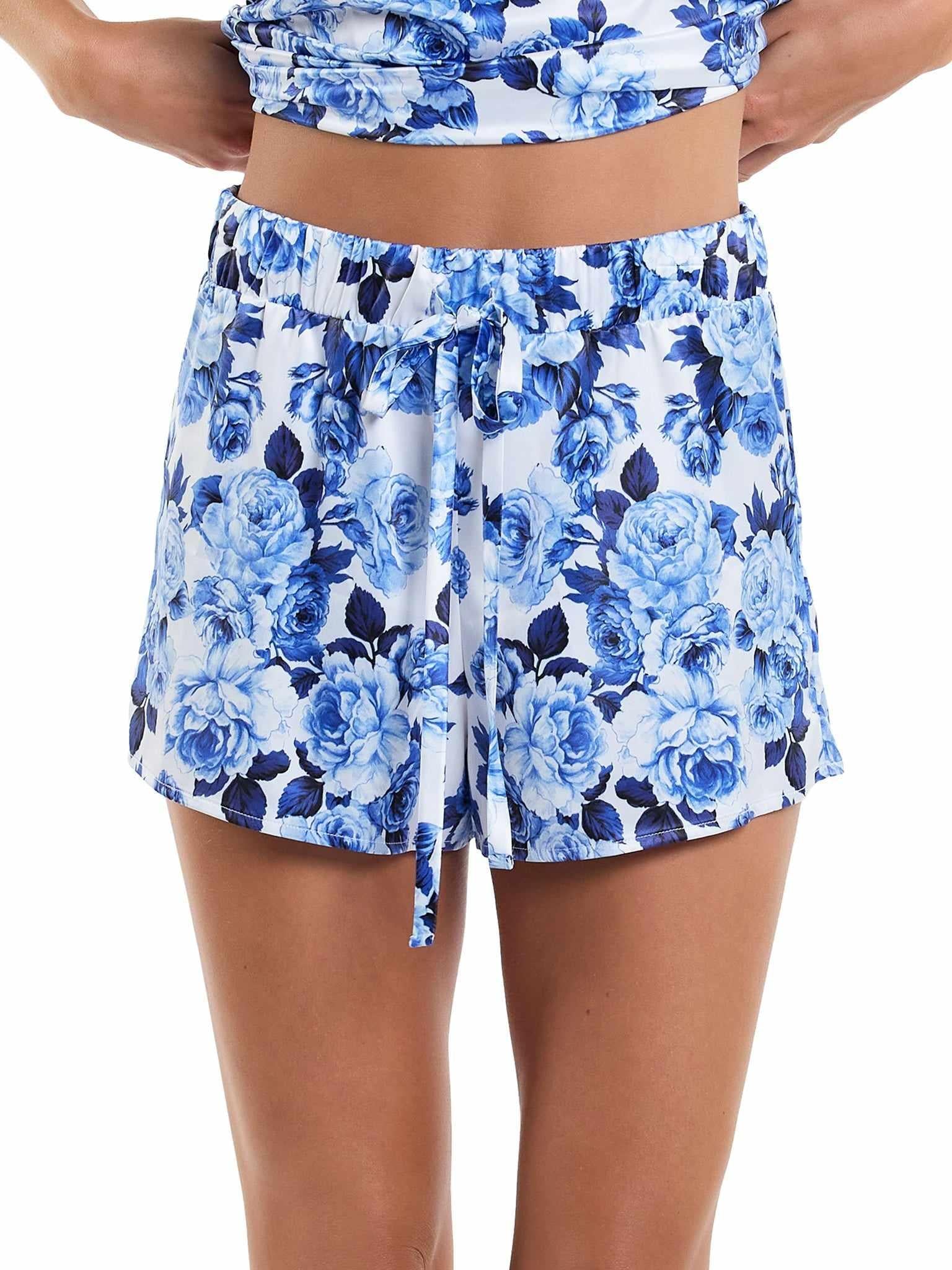 Deja Blue Floral Satin Sleep Short - Front View, Drawstring Waist | Hanky Panky