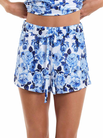 Deja Blue Floral Satin Sleep Short - Front View, Drawstring Waist | Hanky Panky