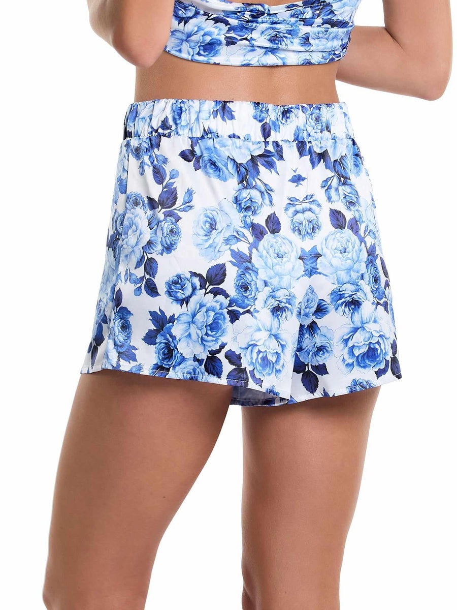 Deja Blue Floral Satin Sleep Short - Back View, Elastic Waistband On Model | Hanky Panky