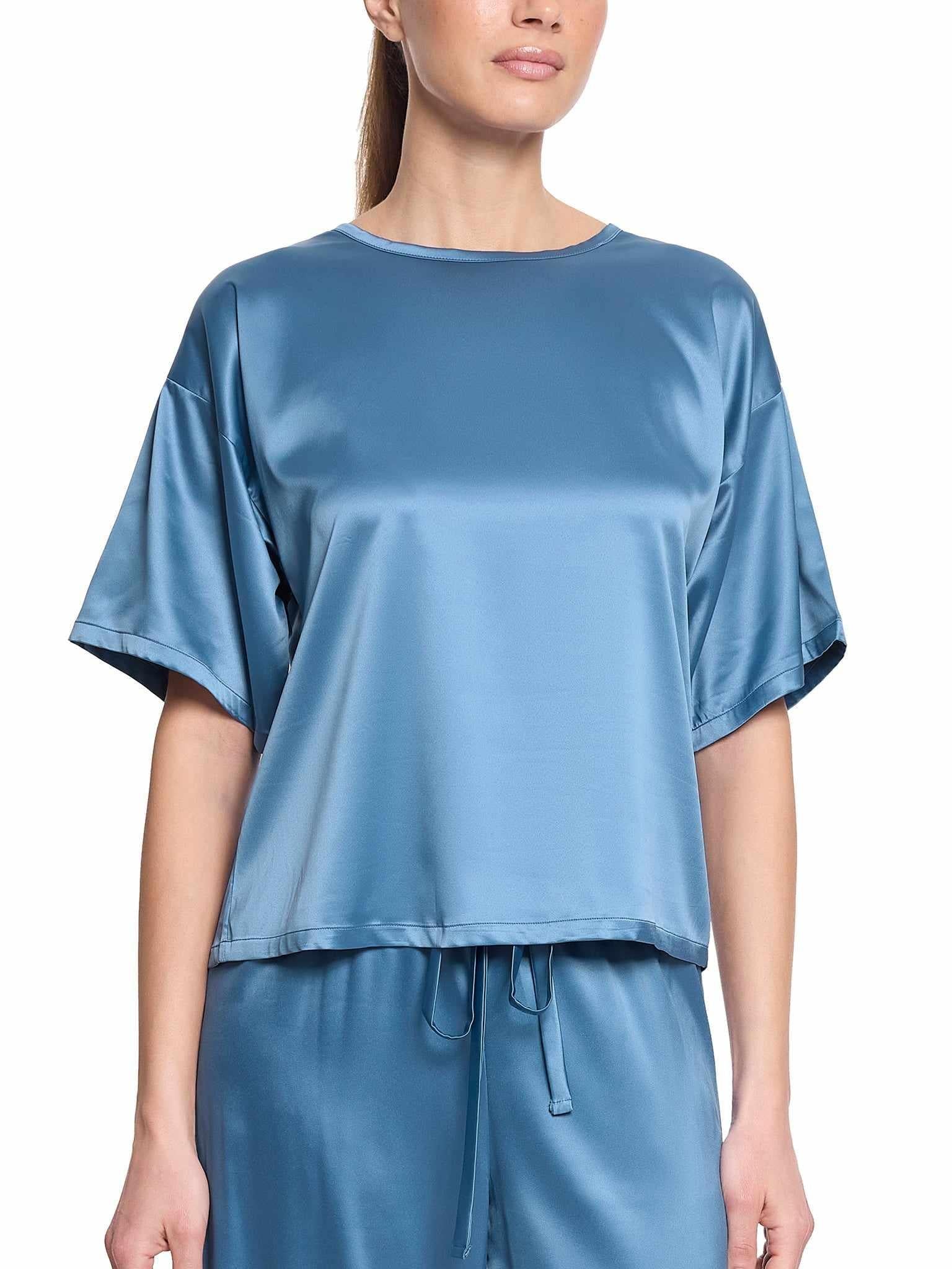 Hanky Panky Satin Sleep Tee Bath Time Blue - Front View On Model, Stretch Satin Sleep Top | Hanky Panky