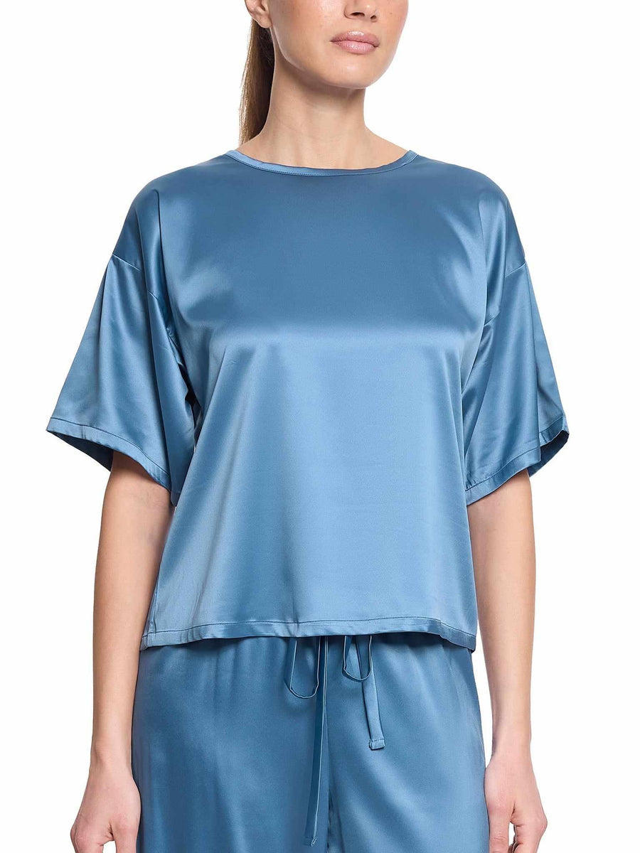 Hanky Panky Satin Sleep Tee Bath Time Blue - Front View On Model, Stretch Satin Sleep Top | Hanky Panky