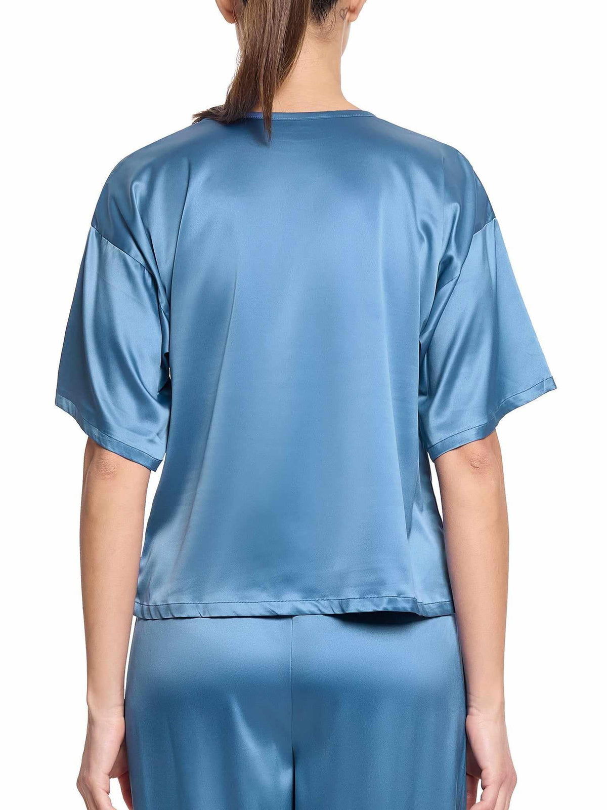 Hanky Panky Satin Sleep Tee Bath Time Blue - Back View On Model, Luxurious Satin Sleep Shirt | Hanky Panky