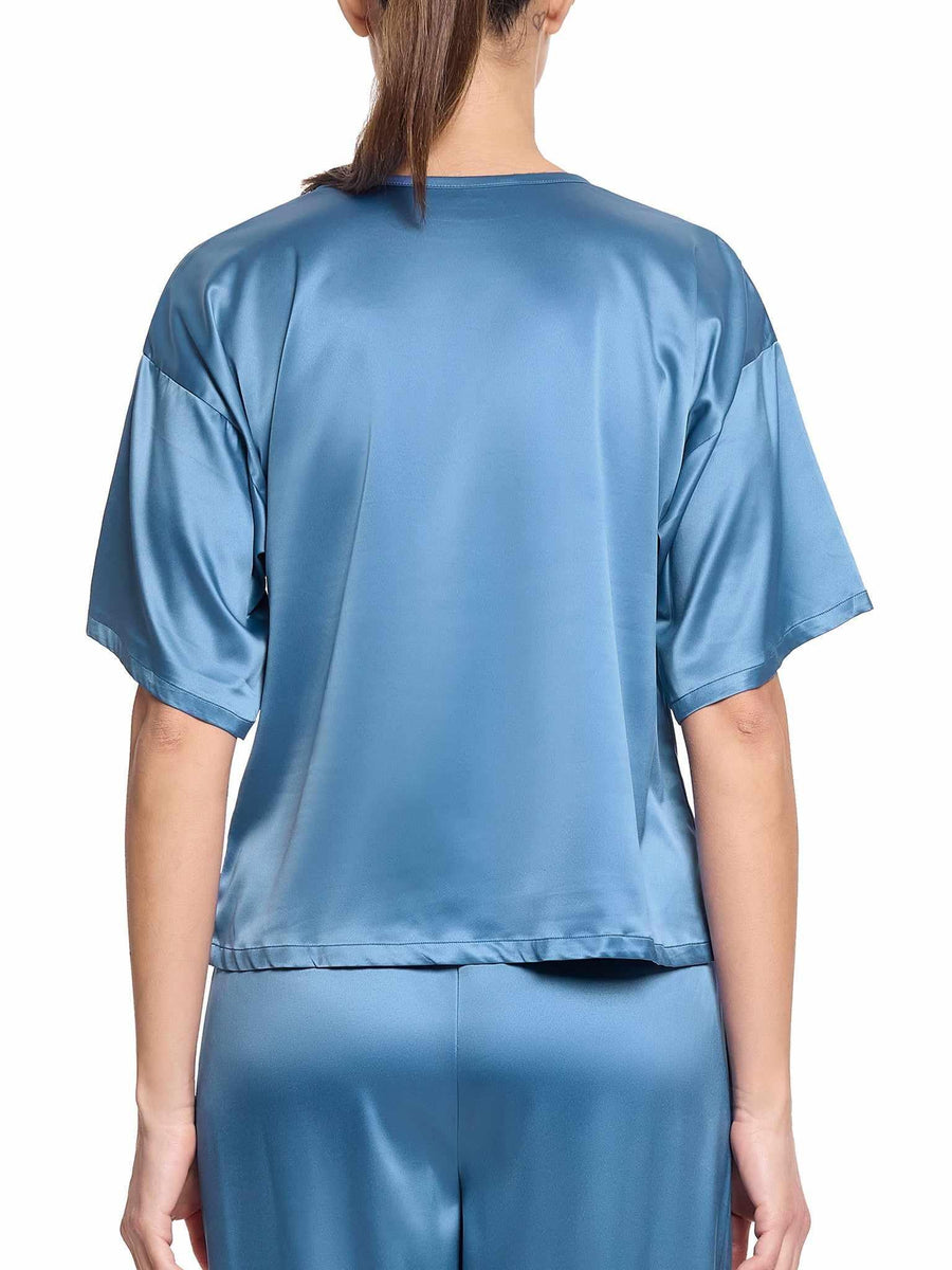 Hanky Panky Satin Sleep Tee Bath Time Blue - Back View On Model, Luxurious Satin Sleep Shirt | Hanky Panky