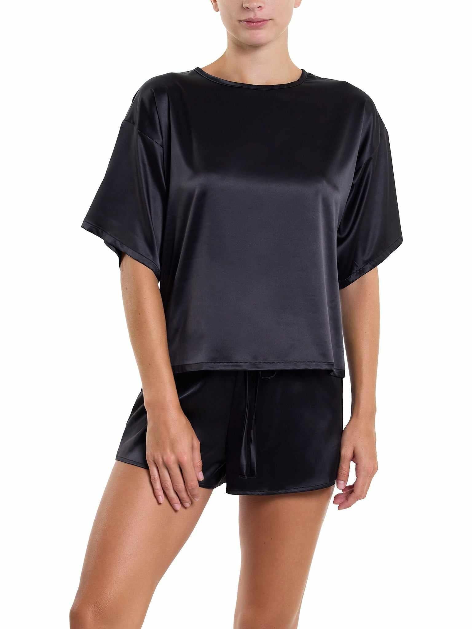 Black Satin Sleep Tee Front View On Model with Matching Shorts - Luxurious Sleep Shirt | Hanky Panky