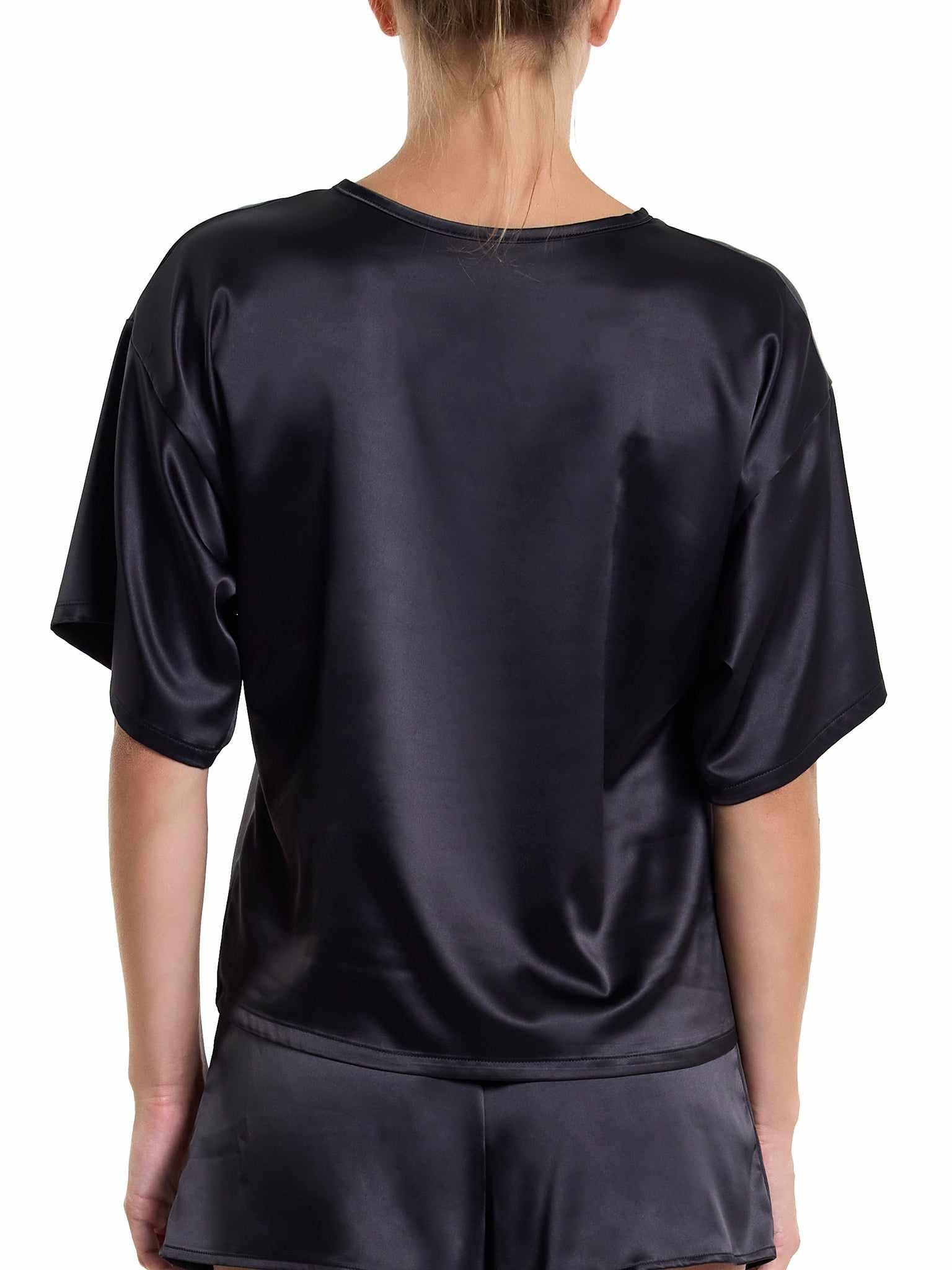 Black Stretch Satin Sleep Tee Back View On Model - Relaxed Fit Satin Sleep Shirt | Hanky Panky