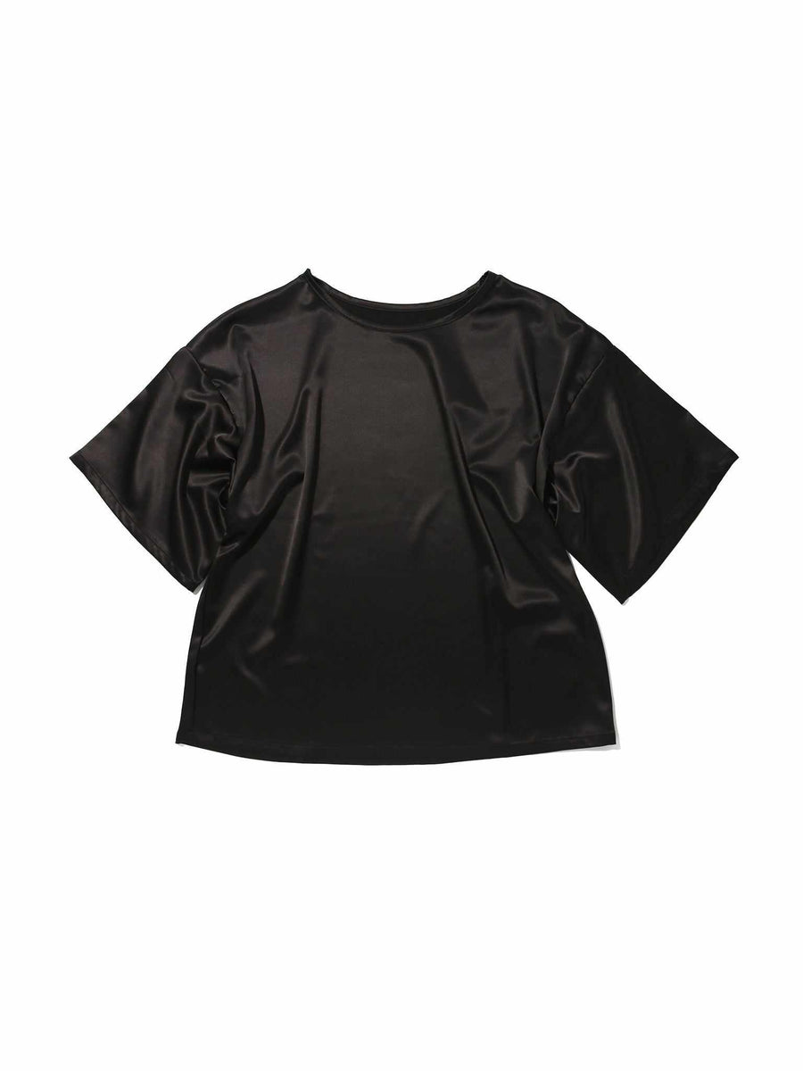 Black Satin Sleep Tee Flat Lay - Short Sleeve Crew Neck Satin Sleep Shirt | Hanky Panky