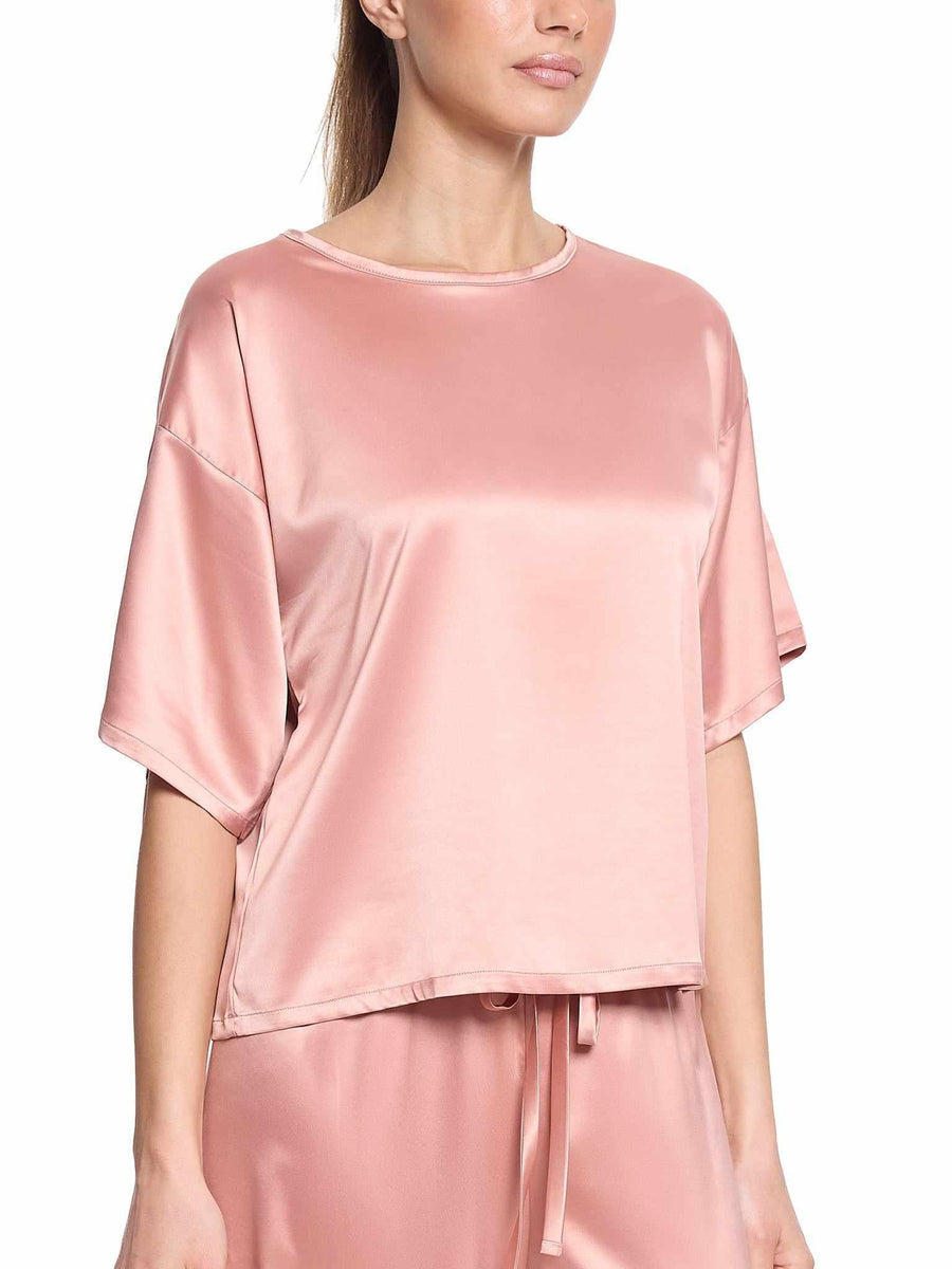 Rose Latte Pink Satin Sleep Tee - Front View On Model, Relaxed Boxy Stretch Satin Sleepwear | Hanky Panky
