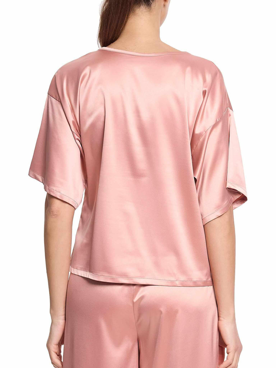 Rose Latte Pink Satin Sleep Tee - Back View On Model, Relaxed Boxy Silhouette Stretch Satin | Hanky Panky