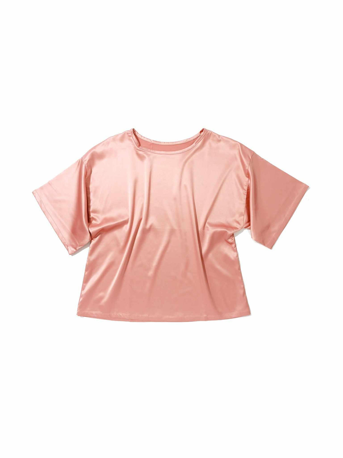 Rose Latte Pink Satin Sleep Tee - Flat Lay, Crew Neck Short Sleeve Stretch Satin Loungewear Top | Hanky Panky