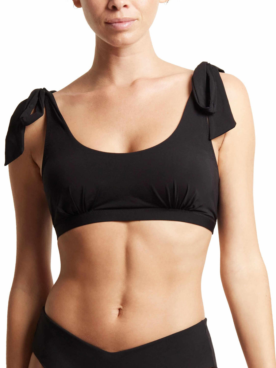 Black Scoop Neck Swim Top with shoulder tie bows - Front On Model | Hanky Panky